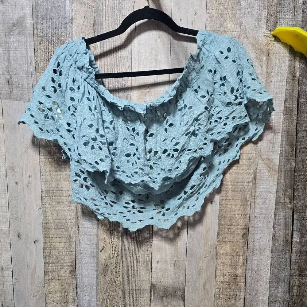 Free People FP One Perla Off-Shoulder Crop Top Light Teal Boho Festival Femme